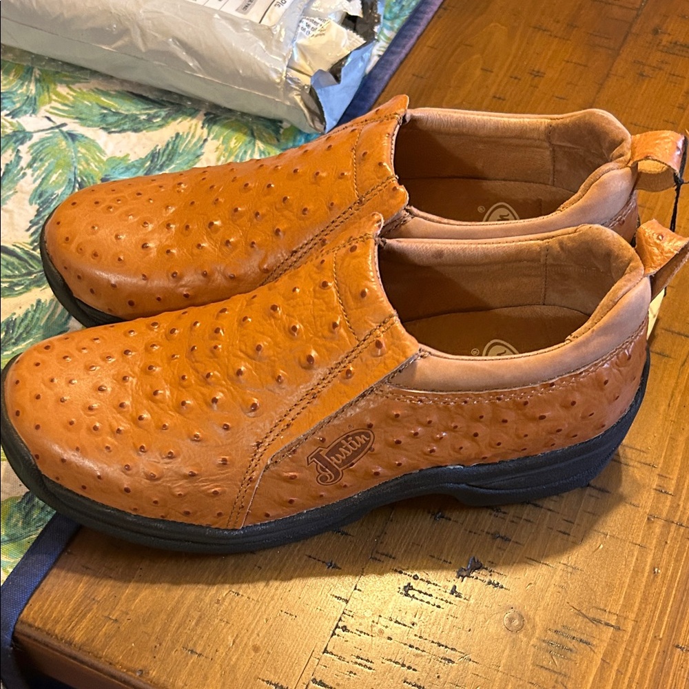 Justin Boots Men's Ostrich Leather Slip-Ons in Bright Orange